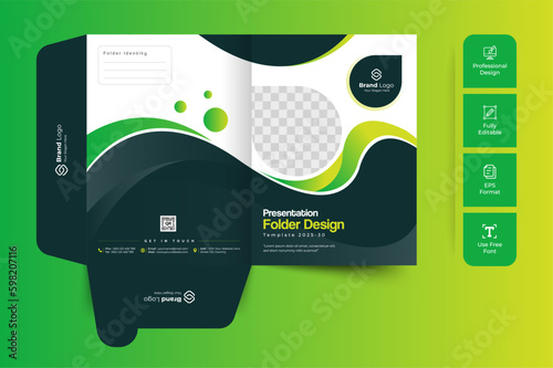 Business Presentation folder template design for corporate office with Green and black color.