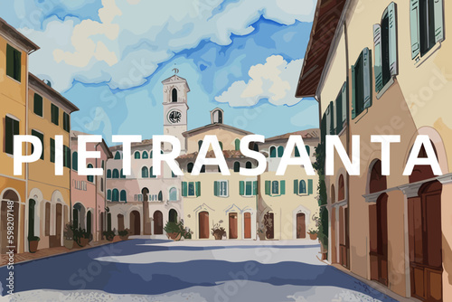 Pietrasanta: Beautiful painting of an Italian village with the name Pietrasanta in Tuscany