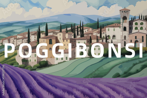 Poggibonsi: Beautiful painting of an Italian village with the name Poggibonsi in Tuscany photo