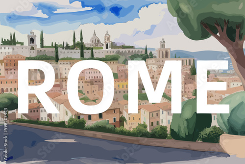 Rome: Beautiful painting of an Italian village with the name Rome in Lazio