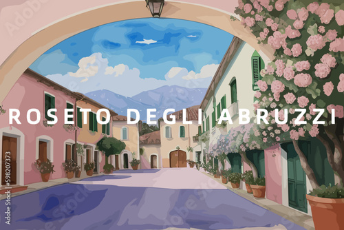 Roseto degli Abruzzi: Beautiful painting of an Italian village with the name Roseto degli Abruzzi in Abruzzo