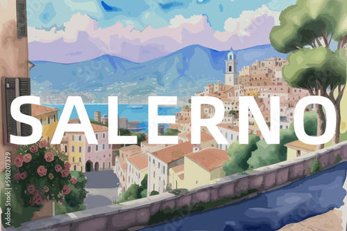 Salerno: Beautiful painting of an Italian village with the name Salerno in Campania