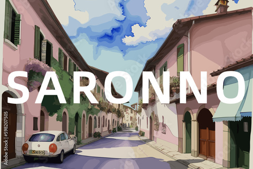 Saronno: Beautiful painting of an Italian village with the name Saronno in Lombardy