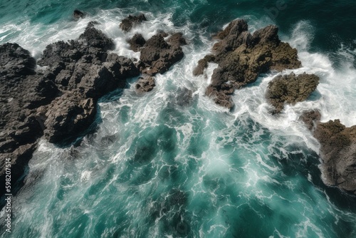 A birds-eye view of a tumultuous sea with both clear blue and green water. Generative AI