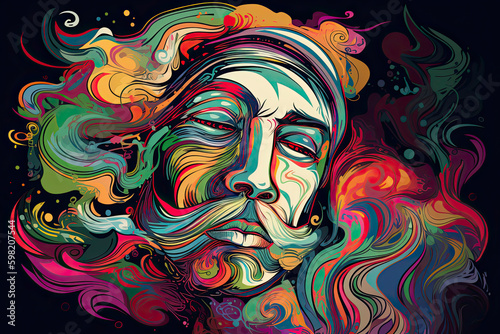 Colourful psychedelic line art with the abstract smoking woman. Cigarette © rufous