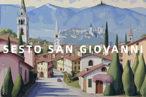 Sesto San Giovanni: Beautiful painting of an Italian village with the name Sesto San Giovanni in Lombardy