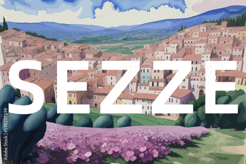 Sezze: Beautiful painting of an Italian village with the name Sezze in Lazio