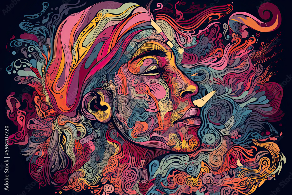 Colourful psychedelic line art with the abstract smoking woman. Cigarette Colourful psychedelic line art with the abstract smoking woman. Cigarette