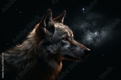AI-generated aesthetic wolf in starry universe on black background. Generative AI