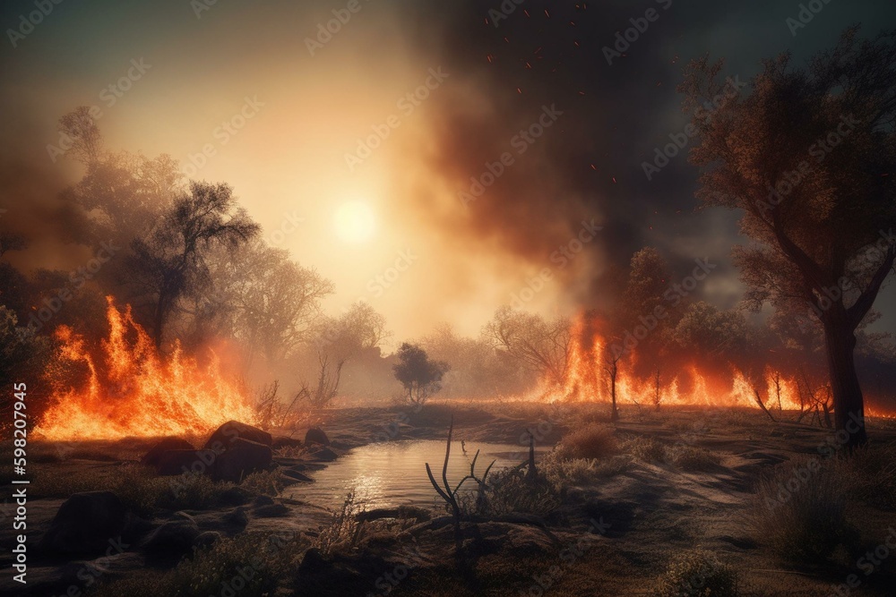 Illustration of a devastating wildfire. Generative AI