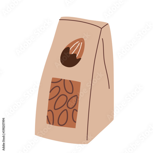 Chocolate covered almonds, healthy dessert icon, vector doodle illustration of delicious vegan snack, roasted nuts with chocolate topping, natural plant-based on the go food, isolated colored clipart 