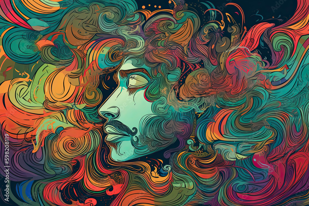 Colourful psychedelic line art with the abstract smoking woman. Cigarette Colourful psychedelic line art with the abstract smoking woman. Cigarette