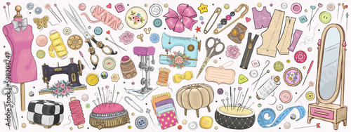 Vector hand drawn sewing retro set. Collection of highly detailed hand drawn mannequin and sewing tools isolated on background