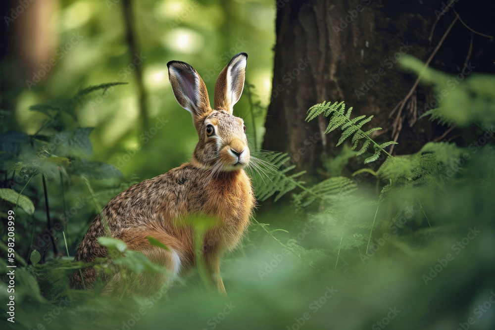 Close-up of a hare in summer forest, Generative AI Close-up of a hare in summer forest, Generative AI