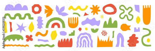 Abstract organic shapes with colorful geometric cutting doodles. Trendy random shapes isolated on a white background. Vector illustration