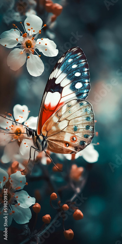 Pearl Butterfly with colorful flowers. Generative AI  © Kanchana