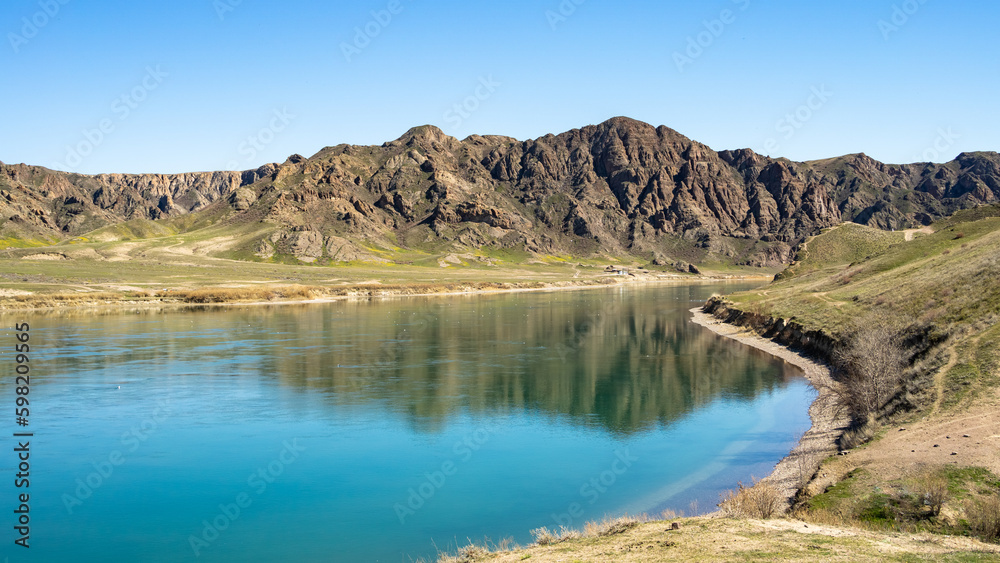 the great river. beautiful turquoise river. the river between the rocks. rocky river banks