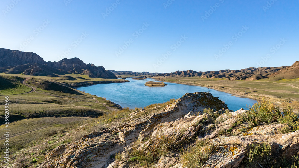 the great river. beautiful turquoise river. the river between the rocks. rocky river banks