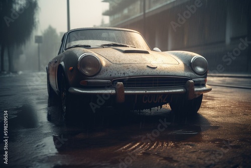 Retro sports car in wet smoky scene. Generative AI