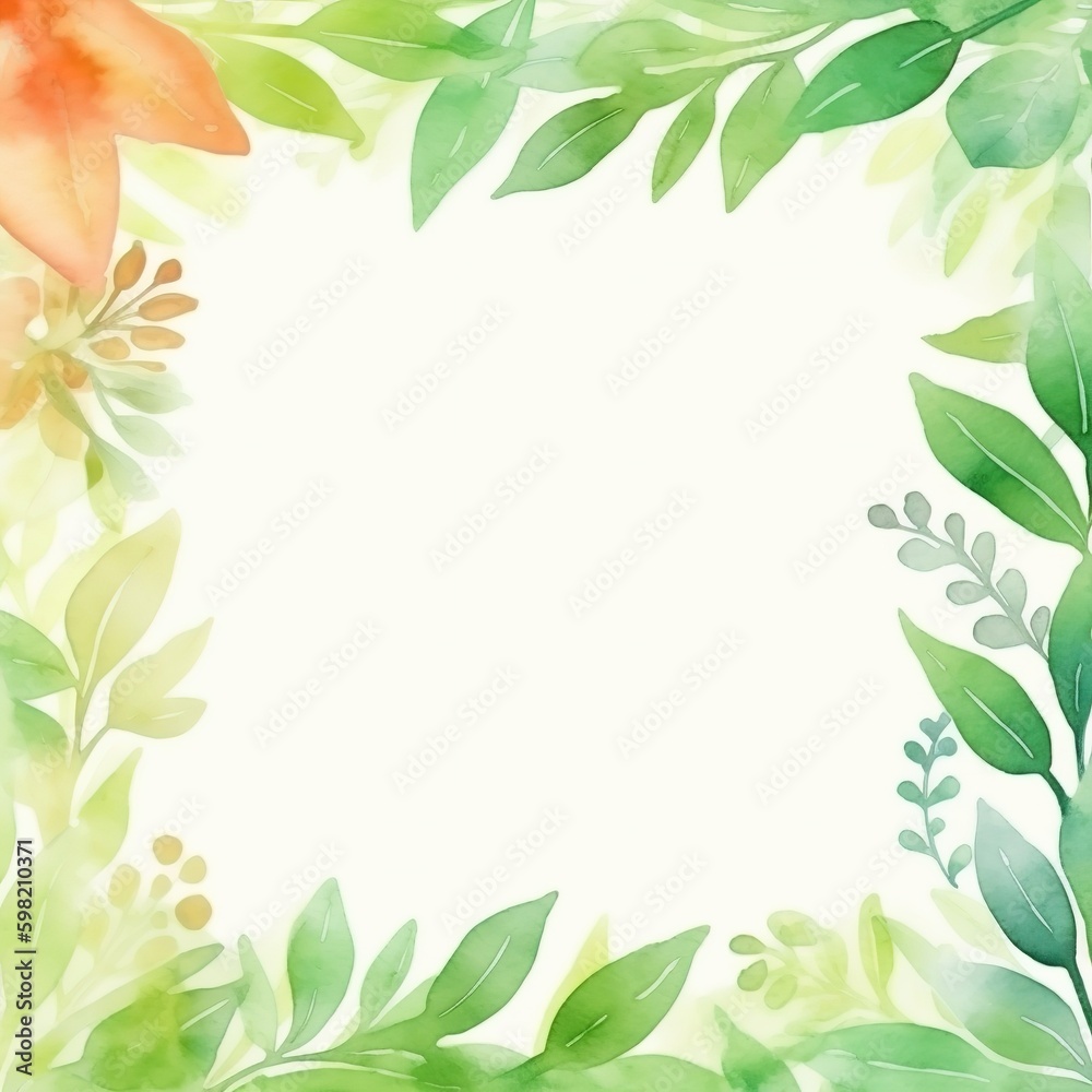 Watercolor Greenery frame invitation with spring leaves background. Perfect for wedding, greeting cards, quotes, Birthday and your unique creation, Generative AI