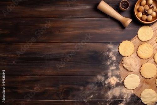 Pastry wooden board, Flour with ingredients of bekery, Ai Generative photo