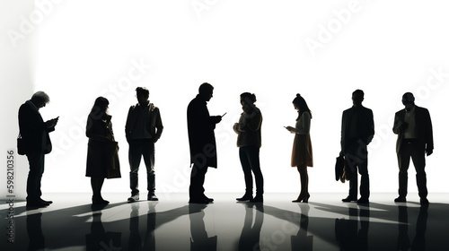 Silhouettes of various people looking at smartphones. Black and white image of people talking on phone. People communicate via SMS. Generative AI. High quality illustration