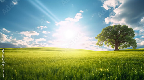 Land scape image of Extensive lawn and blue sky  white clouds and the sun on the horizon  big tree. Generative Ai