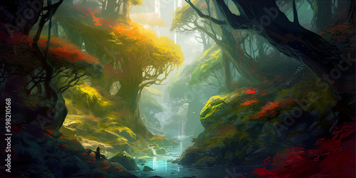 A hidden waterfall in the middle of a dense and lush forest, with soft light and flickering fireflies giving a magical mood to it, mountain and forestry, amazing drawn landscape, vibrant and poppy