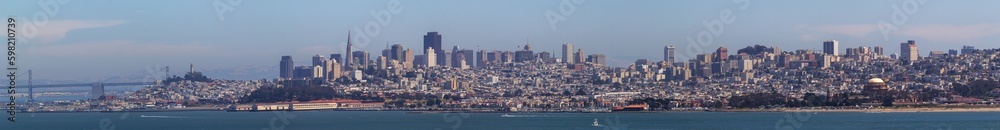 Evening panoramic view of San Francisco Bay and downtown, California
