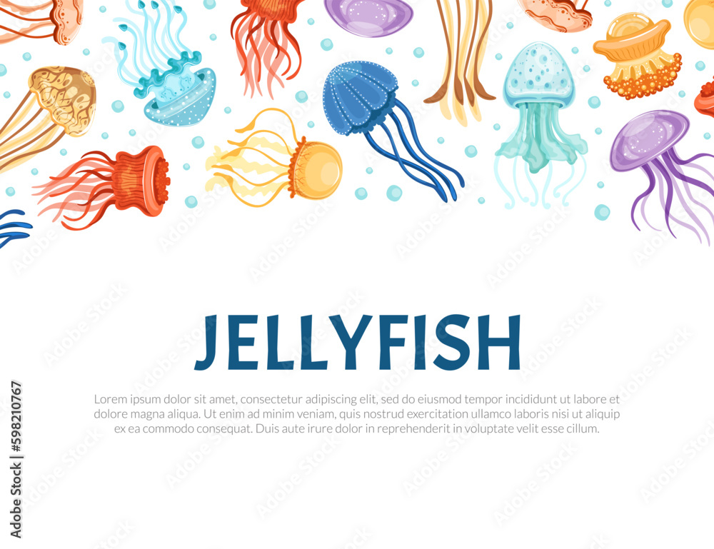 Banner with Vibrant Jellyfish Having Umbrella-shaped Bells and Trailing Tentacles Vector Template
