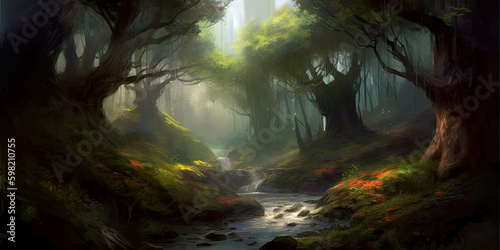 A hidden waterfall in the middle of a dense and lush forest, with soft light and flickering fireflies giving a magical mood to it, mountain and forestry, amazing drawn landscape, vibrant and poppy © Young