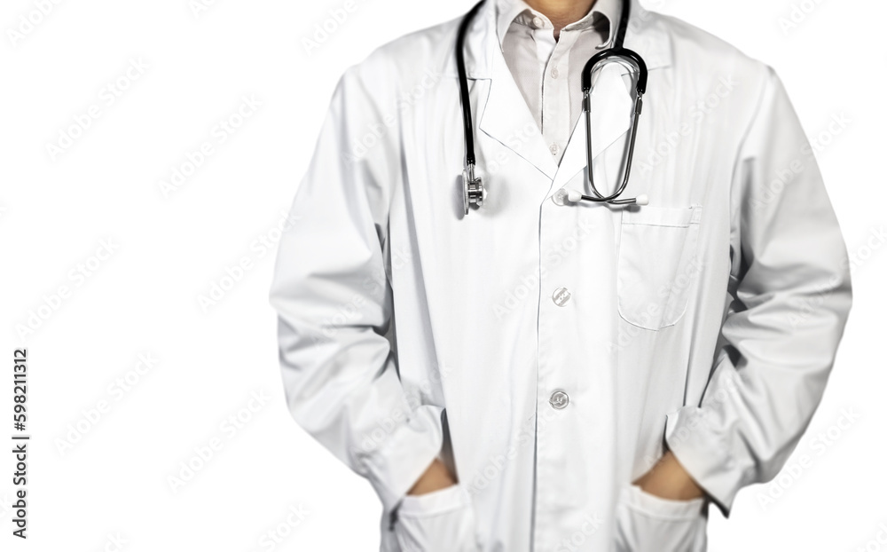 A half-standing doctor, without a face, holding a stethoscope against a white background.stand straight A half-standing doctor, without a face, holding a stethoscope against a white background.stand straight
