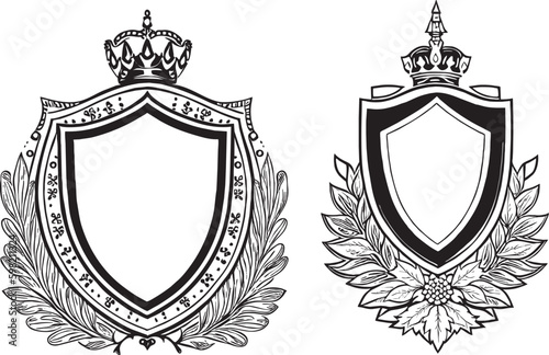 Shield with crown and laurel wreath vector set
