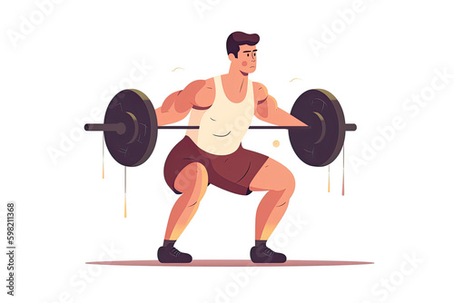 Fitness boy squat barbell arms gym. Slim, fit male athlete weightlifter training