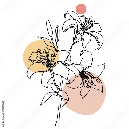 Flower and plant continuous single line art drawing. Lily flower minimal art style. Lily flower continuous line art illustration.