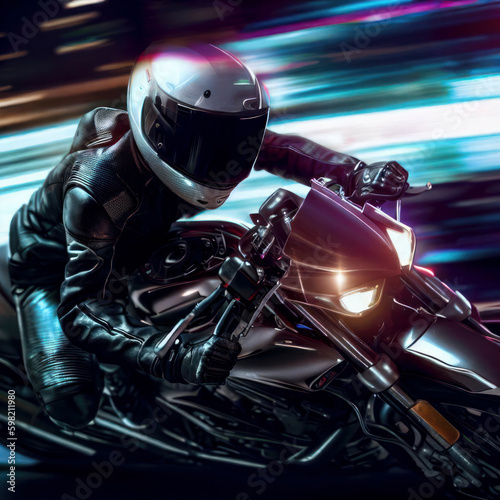 Person riding motorcycle in a dark city with neon lights, genera