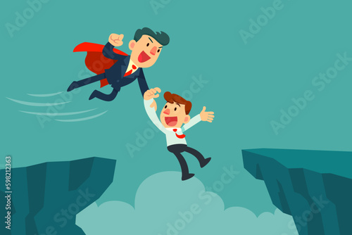 super businessman saving a man fall off cliff gap