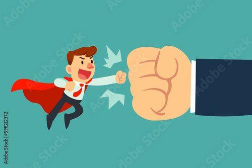 super businessman punching and fighting big hand