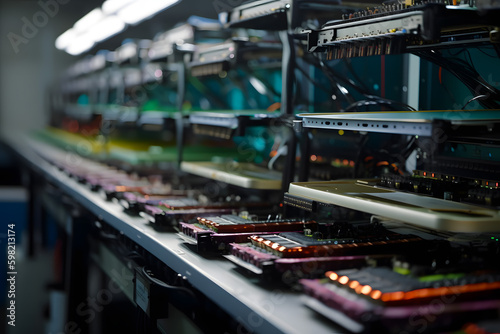 Conveyor in an assembly shop assembles a laptop motherboard using . High tech factory. Generative AI