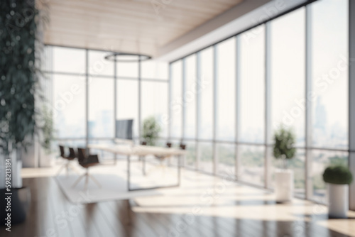 Blurred large modern office workspace in the morning   interior workplace with cityscape for business presentation background  AI generated