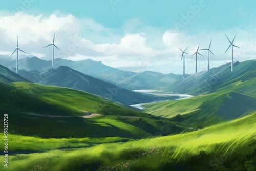 Illustration of green mountain landscape with wind turbines - digital art painting. Generative AI
