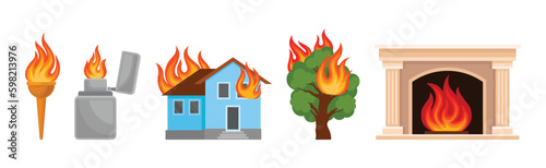 Flaming and Burning Objects with House and Tree on Fire Vector Set