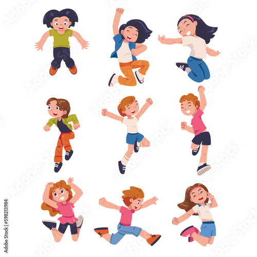 Happy Children Jumping High with Joy and Excitement Feeling Freedom Vector Set