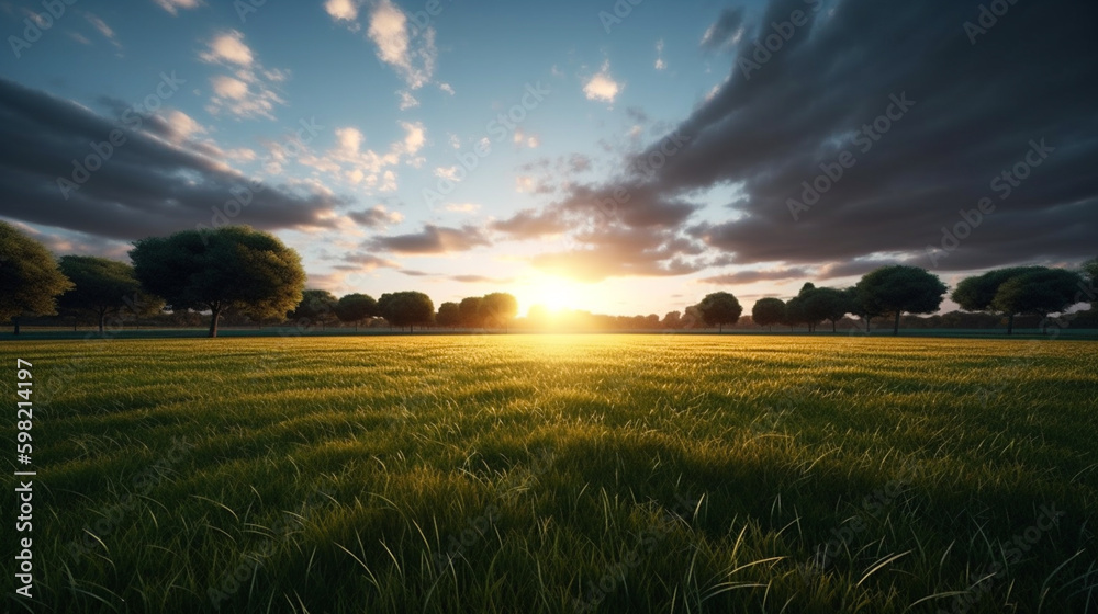 Fototapeta premium Extensive lawn and blue sky, white clouds and the sun set on the horizon land scape. Generative Ai