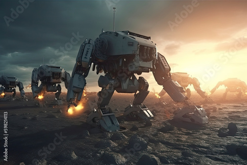 invasion of military robots. Dramatic apocalypse super realistic concept. Future. 3d rendering.