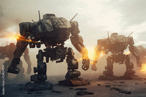 invasion of military robots. Dramatic apocalypse super realistic concept. Future. 3d rendering.