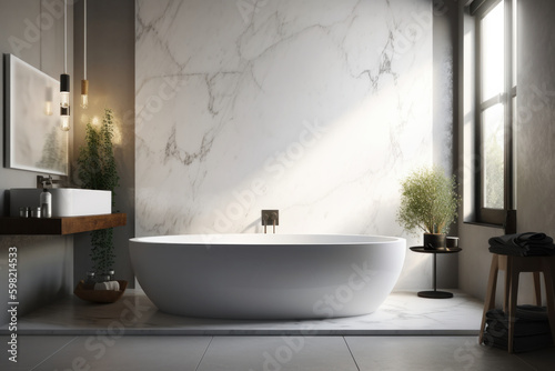 A luxurious white bathtub placed next to a window  basking in natural light. The perfect addition to any home bathroom  invoking a sense of relaxation and rejuvenation. AI Generative. Generative AI