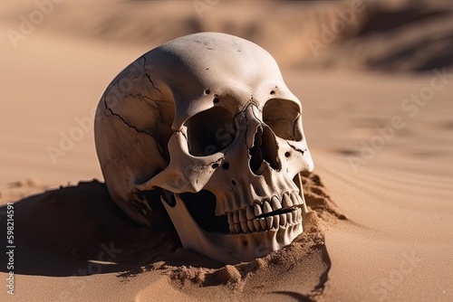 Skull of a person lying on the desert sand. Generative AI © Gelpi