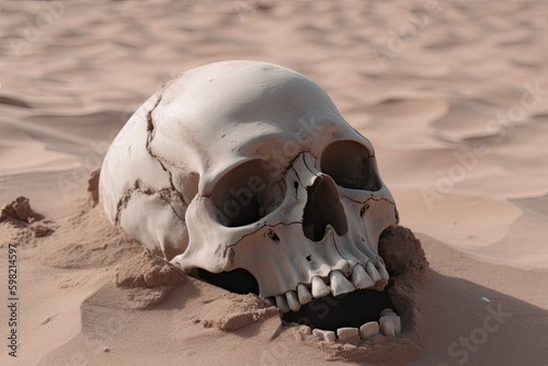 Skull of a person lying on the desert sand. Generative AI