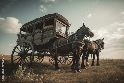 Outline of a carriage with two horses against a sky. Generative AI